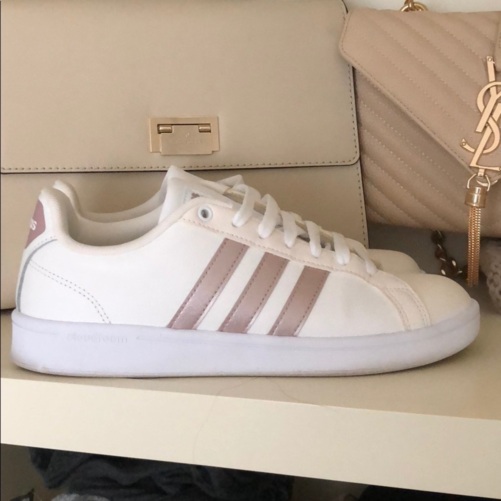 Rose gold striped adidas sneakers